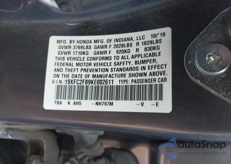 2019 Honda Civic Sport from USA, damaged, VIN 19XFC2F89KE002611